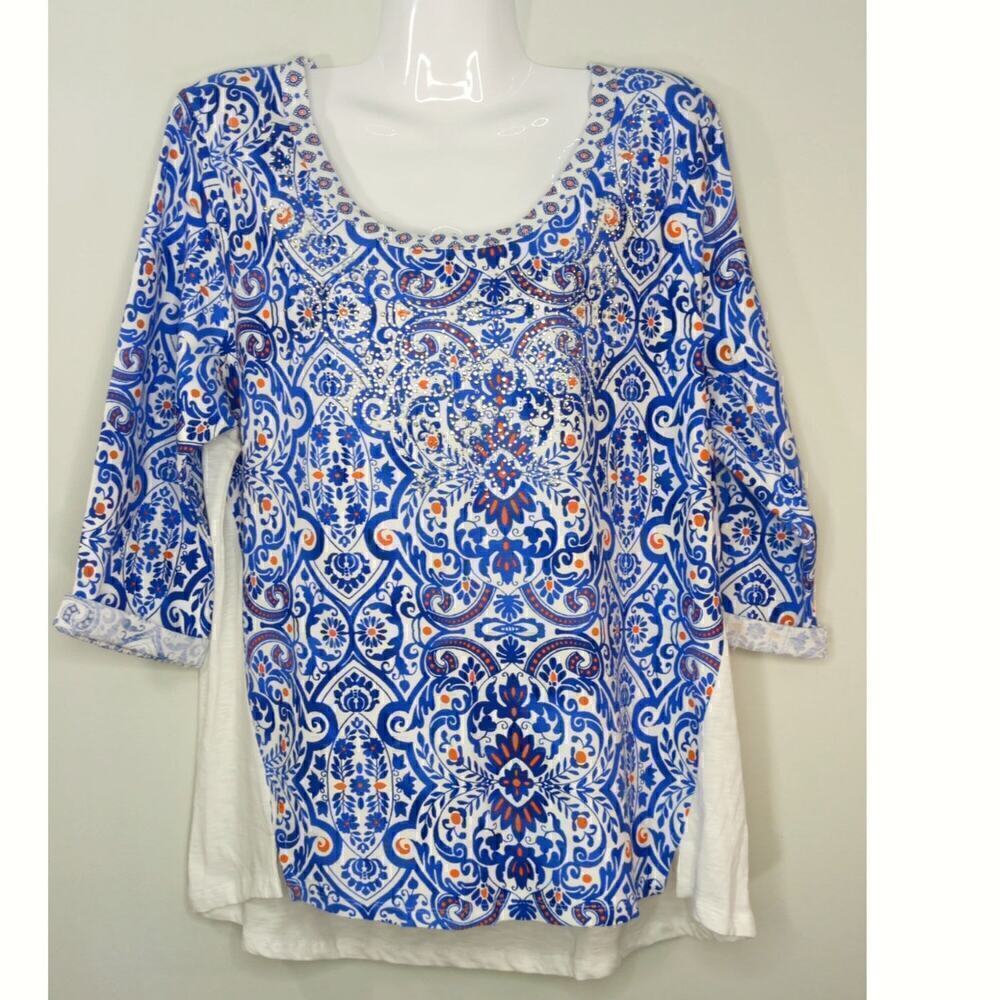 Onque Casuals Blue Floral Sparkle Studded Scoop Neck Cotton Pullover Top XL NWOT